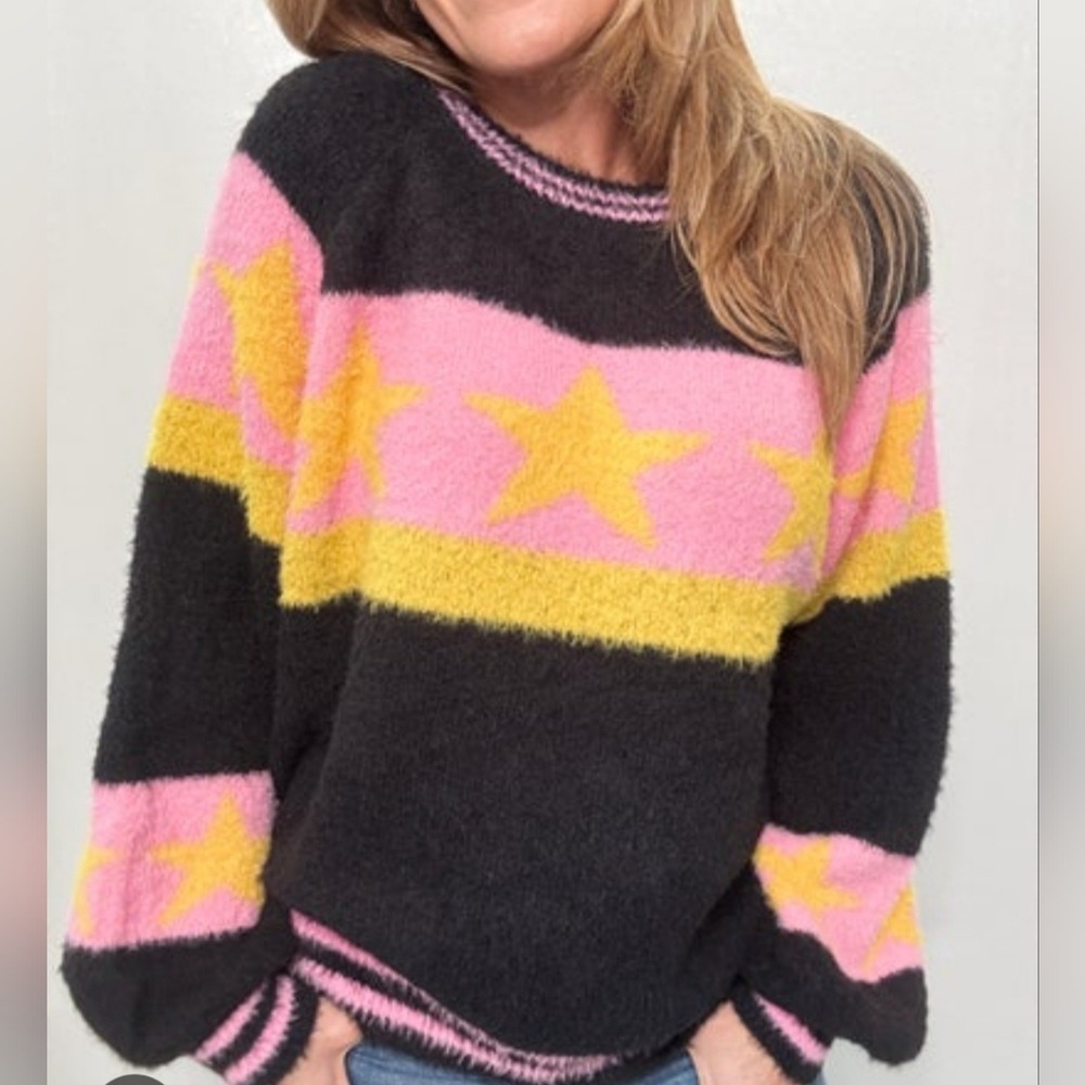 POL Star Sweater Medium Pink Mustard Oversized Y2K Statement Knit - Picture 3 of 17